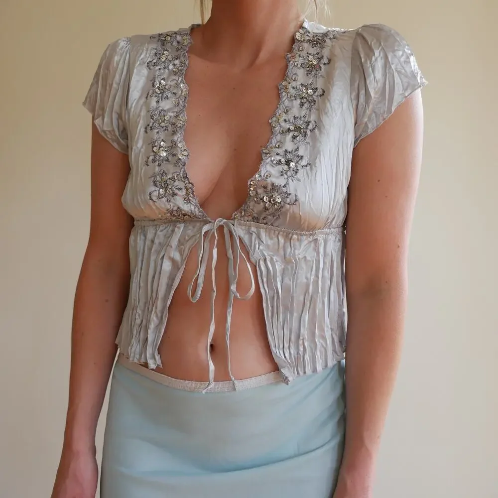 Y2k vintage crinkle top tie front beaded fairy-core M - Picture 8 of 10
